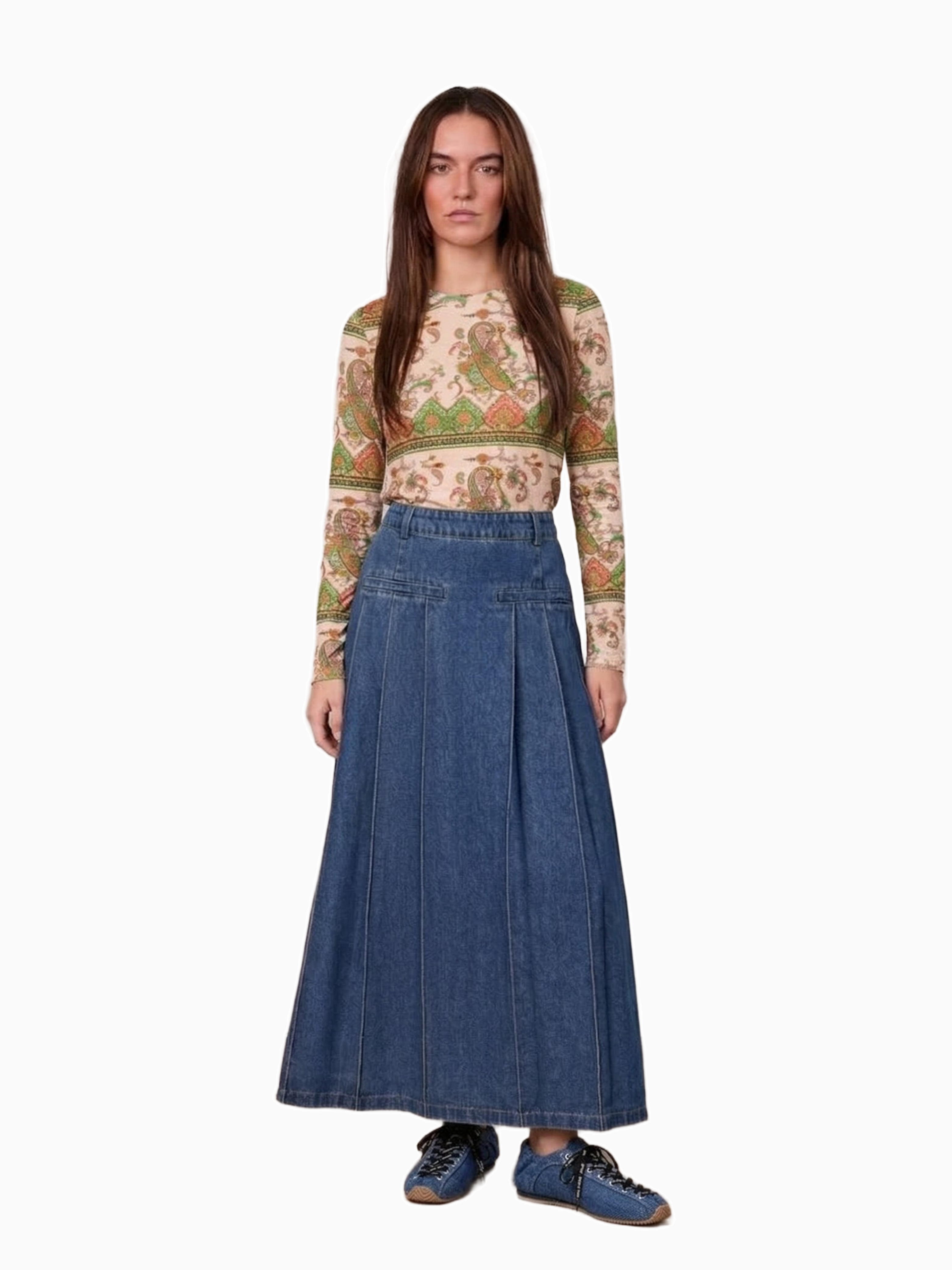 Pleat Pocket Tab Denim Skirt Blue Classic Casual Women’s Skirt-0